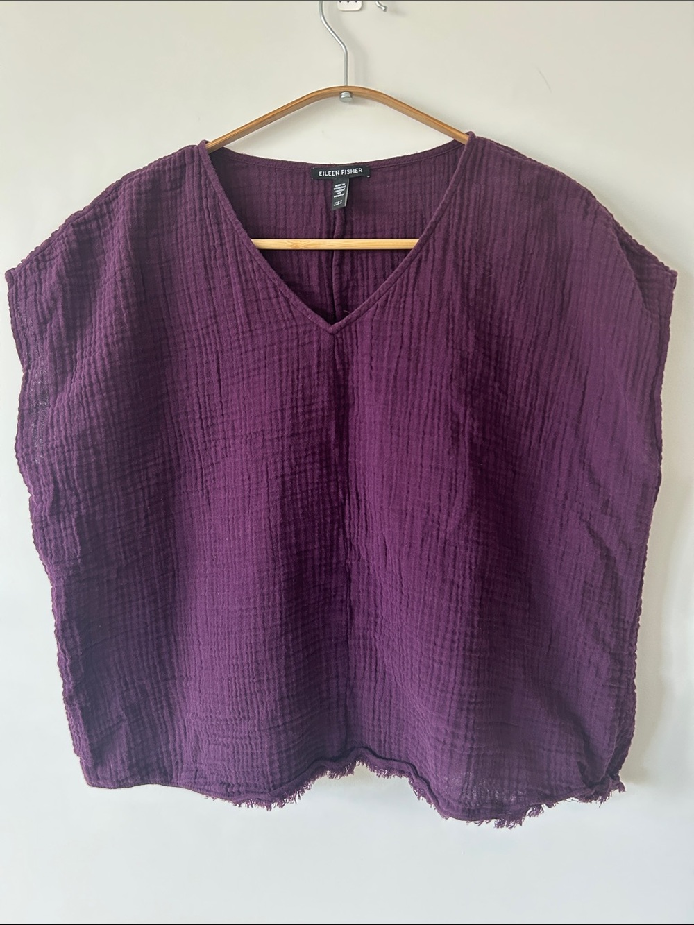 Eileen Fisher Plum Purple Organic Cotton Gauze V-Neck Boxy Top Raw Frayed Hem S